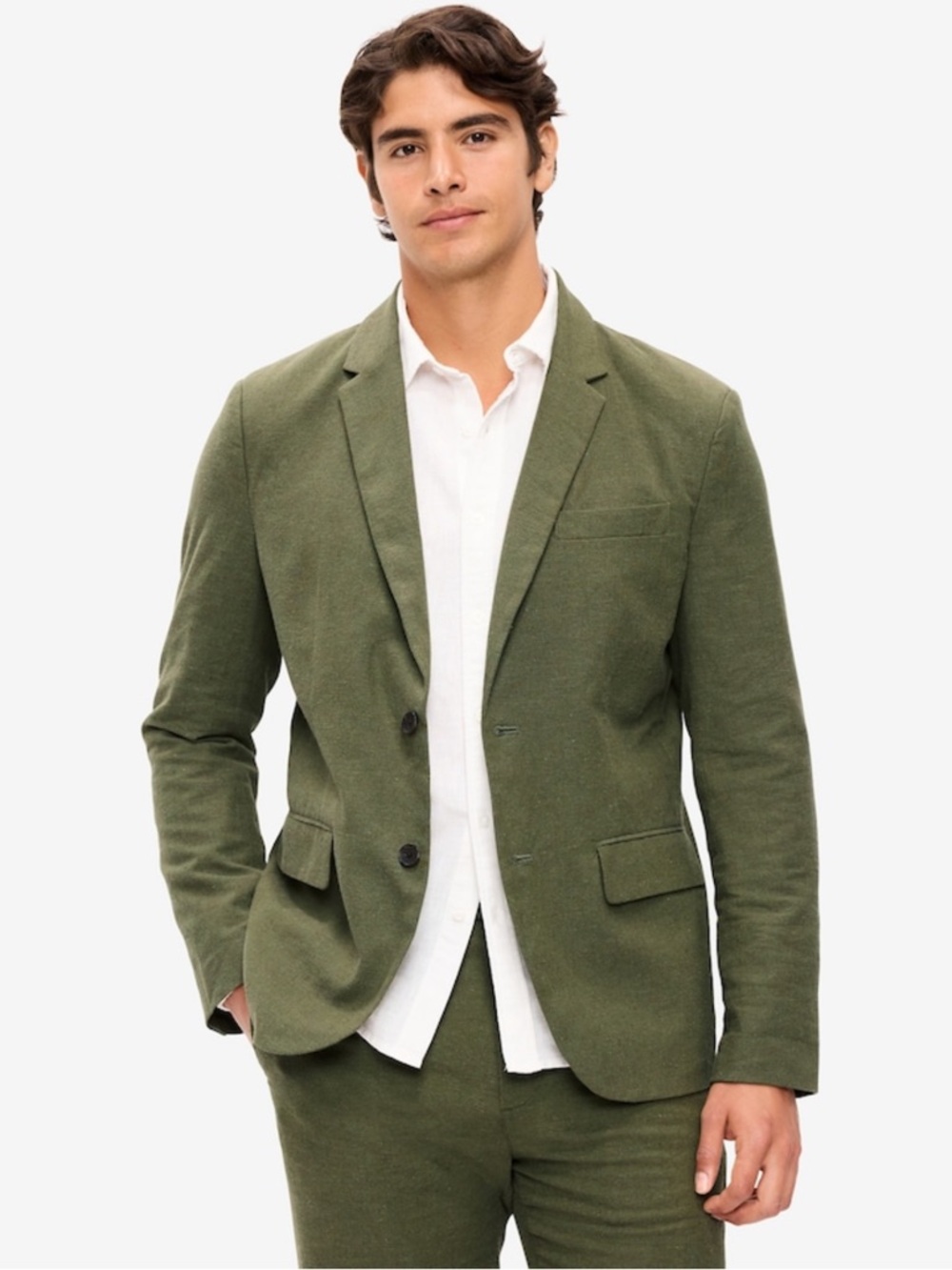 Olive Green Relaxed Unlined Linen Blend Blazer
